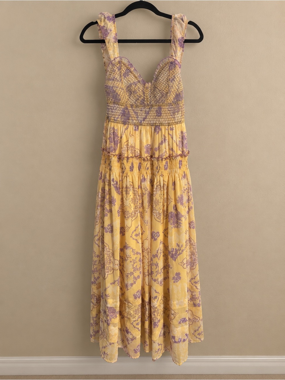 Yellow & Lavender Floral Maxi Dress with Smocked Bodice